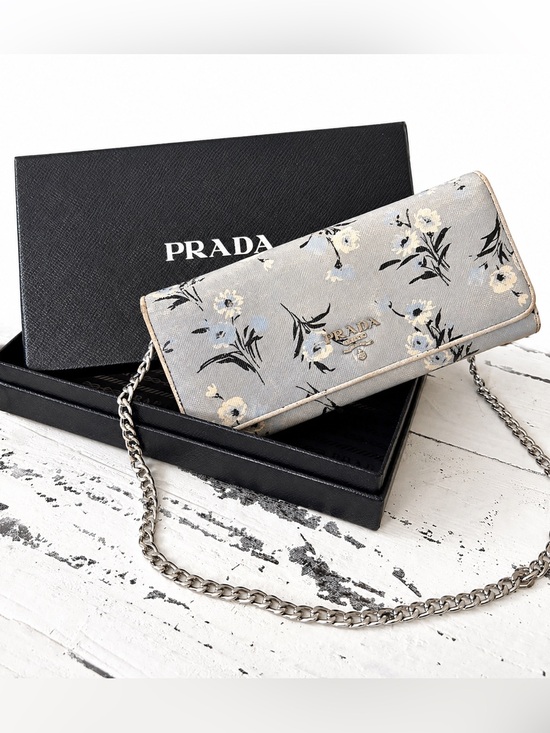 Prada Handbags - Prada Floral Saffiano Leather Wallet - Light Gray & Cream